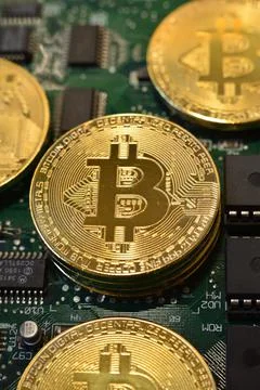 Bitcoin circuit board. Stock Photos