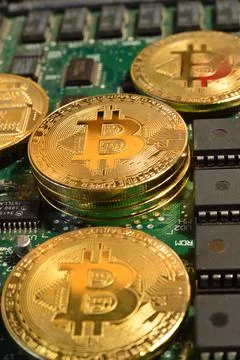 Bitcoin circuit board. Stock Photos