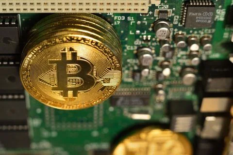Bitcoin circuit board. Stock Photos