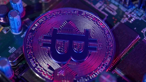 Bitcoin on circuit board spinning. Cryptocurrency bit-coins and computer main Stock Footage 153620564