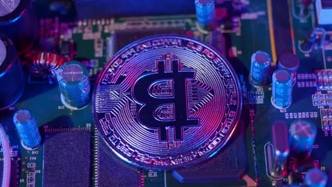 Bitcoin on circuit board spinning. Cryptocurrency bit-coins and computer main Stock Footage 153620566