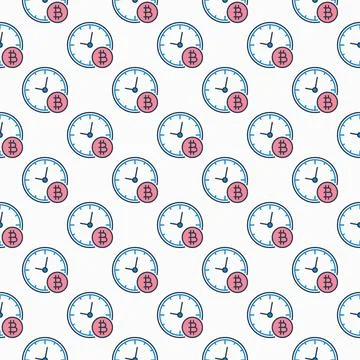 Bitcoin Clock vector Decentralized Cryptocurrency colored seamless pattern Stock Illustration