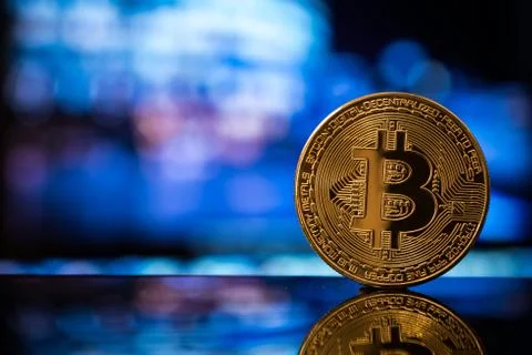 Bitcoin close up with blur copy space background Stock Photos