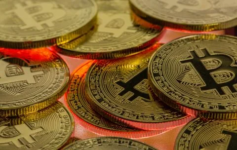 Bitcoin Close Up Full Screen with Red Underneath Stock Photos