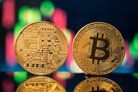 Bitcoin close up two sides Stock Photos