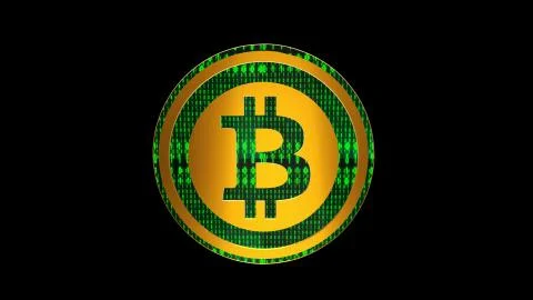 Bitcoin, close up view of gold cryptocurrency coin with binary code, front view Stock Illustration