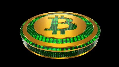 Bitcoin, close up view of gold cryptocurrency coin with binary code, bottom view Stock Illustration