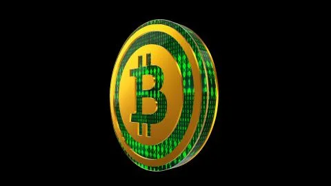 Bitcoin, close up view of gold cryptocurrency coin with binary code, side view Stock Illustration