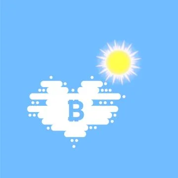Bitcoin in cloud and sun in the shape of a heart with shadow and blue sky Ilustración de archivo