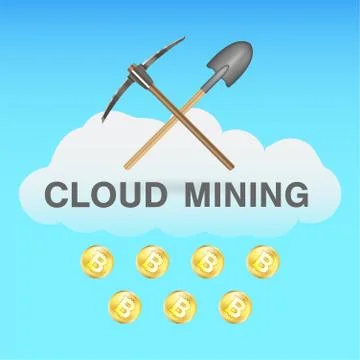 Bitcoin cloud mining with pickaxe and shovel on cloud logo Stock Illustration