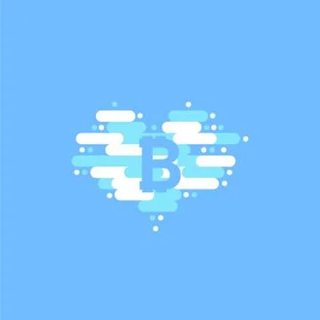 Bitcoin in cloud in the shape of a heart with shadow and blue sky background Stock Illustration