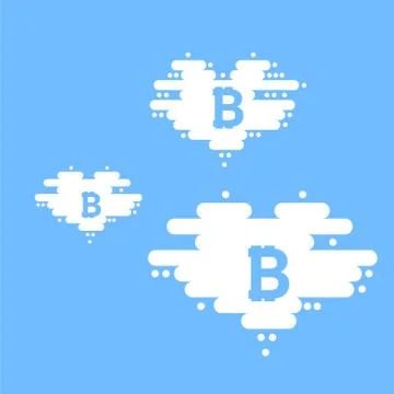 Bitcoin in cloud in the shape of a heart with shadow and blue sky background Ilustración de archivo