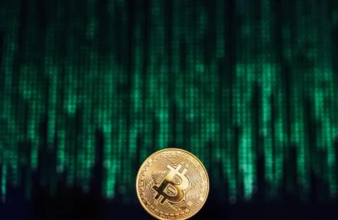 Bitcoin with code on background Stockfoto's