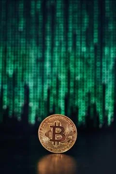 Bitcoin with code on background 스톡 사진