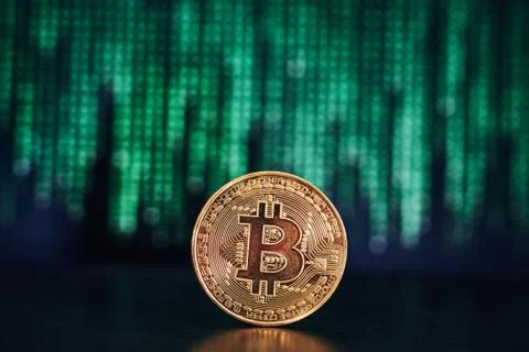 Bitcoin with code on background Stockfoto's
