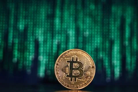 Bitcoin with code on background Stock Photos