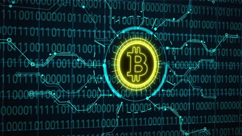 Bitcoin coin on abstract blue binary code background. Futuristic cyberspace Stock Footage 221027998