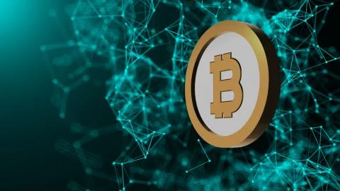 Bitcoin coin and many network connections, computer generated abstract Stock Illustration