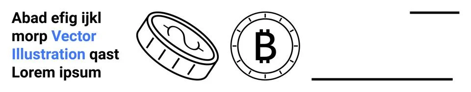 Bitcoin coin with B symbol, stack of coins, placeholder text and lines. Ideal Stock Illustration