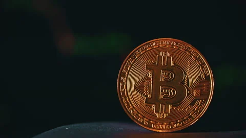 Bitcoin Coin on Background of a Cryptocurrency Trading Chart on Computer Screen Stock Footage 212473011