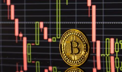 Bitcoin coin on the background graphics close-up Stock Photos