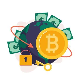 Bitcoin coin on the background of the planet. Blockchain technologies, bitcoins Stock Illustration