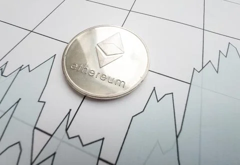 Bitcoin coin is on background of stock chart Stock Photos
