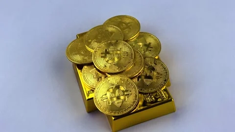 Bitcoin Coin Cryptocurrency BTC Rotate on White Background with Gold Bar Stock Footage 294190744