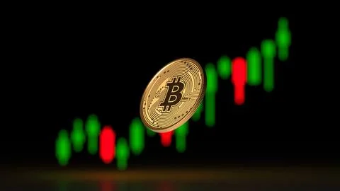 Bitcoin coin with cryptocurrency exchange candlestick charts in background Stock Illustration