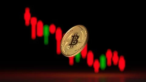 Bitcoin coin with cryptocurrency exchange candlestick charts showing drops Stock Illustration