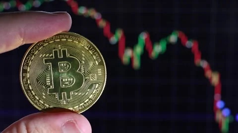 Bitcoin coin with cryptocurrency market chart on computer screen in background. Stock Footage 312100073