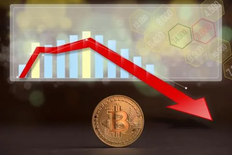 Bitcoin coin with a decreasing trend graph Foto stock