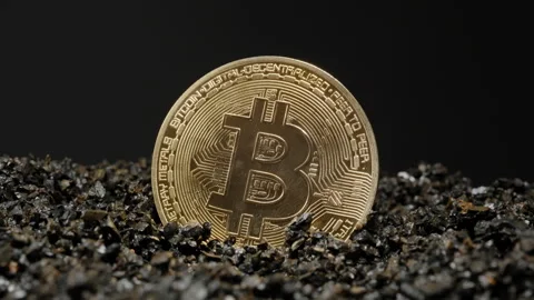 A Bitcoin Coin Embedded in Black Stones Slowly Turns, Reflecting Golden Light Stock Footage 296469279
