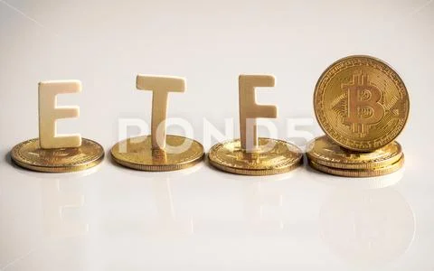 Bitcoin coin with ETF text, Concept Entering the Digital Money Fund. Stock Photos