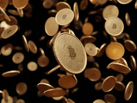 Bitcoin coin with falling coins in background Stock Illustration