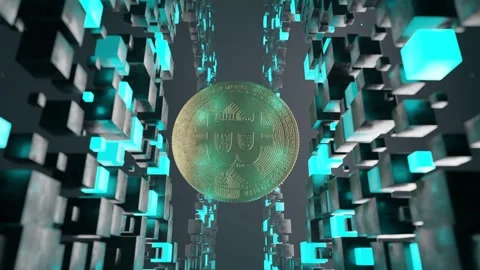 Bitcoin coin floating inside abstract tunnel of black and blue cubic blocks. 3D Stock Footage 310721765