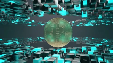Bitcoin coin floating inside abstract tunnel of black and blue cubic blocks. 3D Stock Footage 310721791