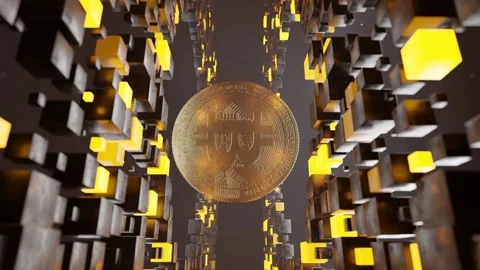 Bitcoin coin floating inside abstract tunnel of black and yellow cubic blocks Video stock 310721825