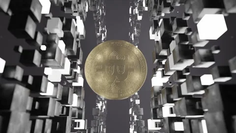 Bitcoin coin floating inside abstract tunnel of black and white cubic blocks Stock Footage 310721837
