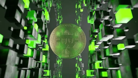 Bitcoin coin floating inside abstract tunnel of black and green cubic blocks Video stock 310721857