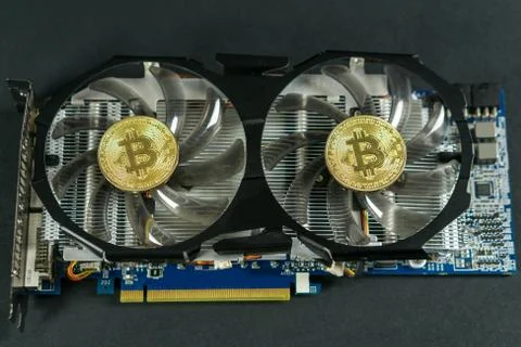 Bitcoin coin on GPU, Cryptocurrency Mining Using Graphic Cards Stock Photos