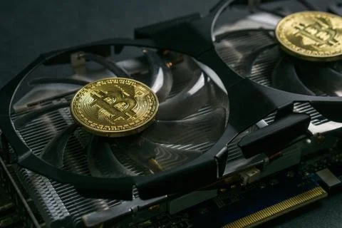 Bitcoin coin on GPU, Cryptocurrency Mining Using Graphic Cards Stock Photos