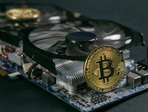 Bitcoin coin on GPU, Cryptocurrency Mining Using Graphic Cards Stock Photos