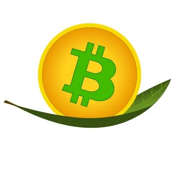 Bitcoin coin on green leaf isolated on white. Concept of mining cryptocurrency Illustrazione stock