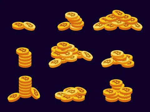 Bitcoin coin icon set. Various piles of scattered coins. Bitcoin cryptocurr.. 库存插图
