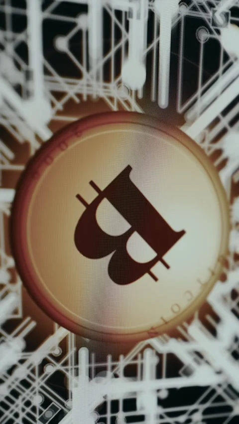 Bitcoin coin illustration placed in a digital circuit board network environment Stock Footage 333450857