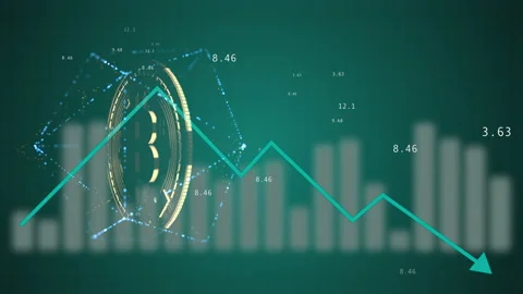 Bitcoin coin inside a hexagon construction floating over background with moving Stock Footage 130900982