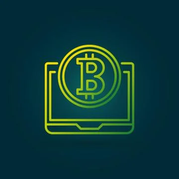 Bitcoin coin with laptop green vector line icon or logo Illustrazione stock