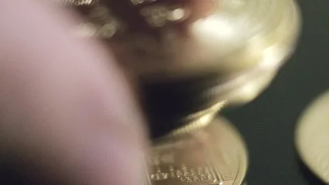 Bitcoin coin Logo shining hand caucasian investor counting Piling golden money Stock Footage 274335173