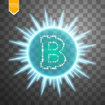 Bitcoin coin over explosion background with blue glitters stars and sparkles on Stock Illustration